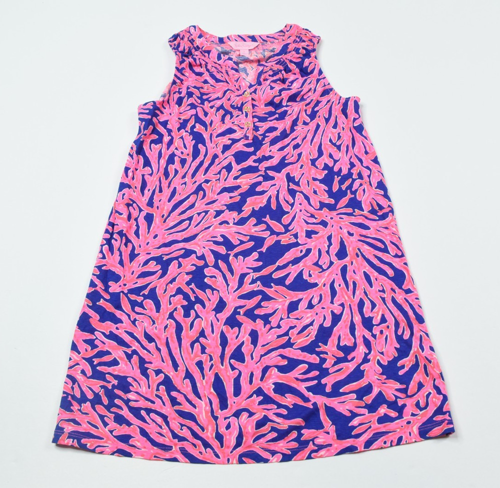 Lilly Pulitzer Mini Essie Dress Girls Large Pink Blue Coral Sleeveless V-Neck